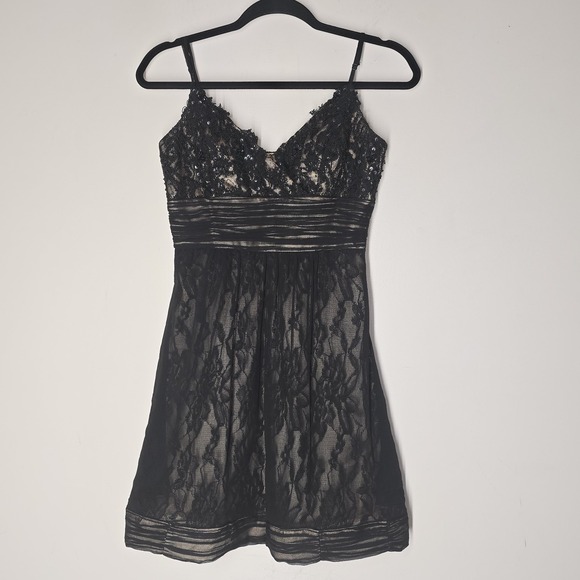 Sue Wong Womens Babydoll Dress Black Silk Lace Textured Floral Mini Size 2 - Picture 1 of 8